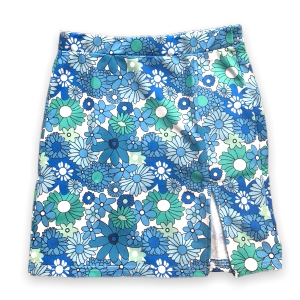 New Boho Floral Print Blue Green White Split Hem High Waist Bodycon Mini Skirt - Picture 7 of 13
